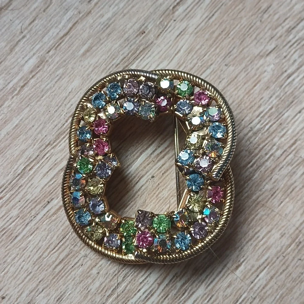 Vintage 80's Crystal Brooch Pin Encrusted Rhinestones Gold Filled Multi-Color - Picture 5 of 16